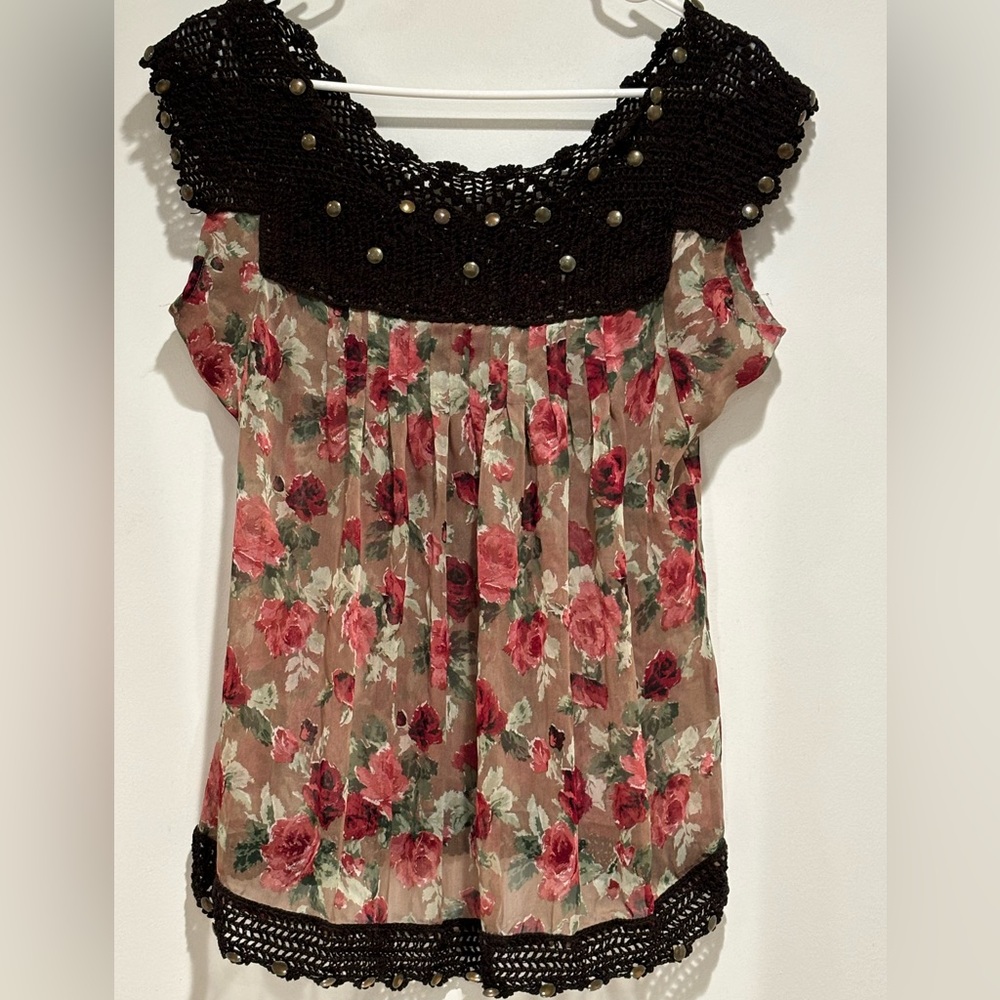 hazel Floral Sheer Blouse with Black Crochet Yoke
